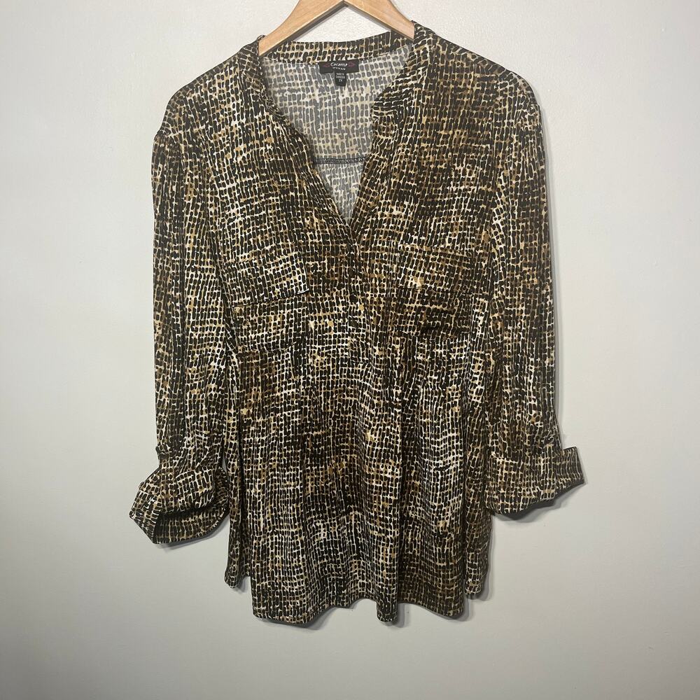 Cocomo Tunic Knit Top Black Brown Animal Print Slinky Comfy Casual Tab Sleeve 2X